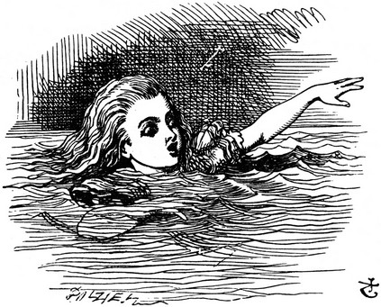alice_tenniel_swimming_alone_423x341.jpg Alice swimming alone, from Sir John Tenniel's illustrations of Alice in Wonderland